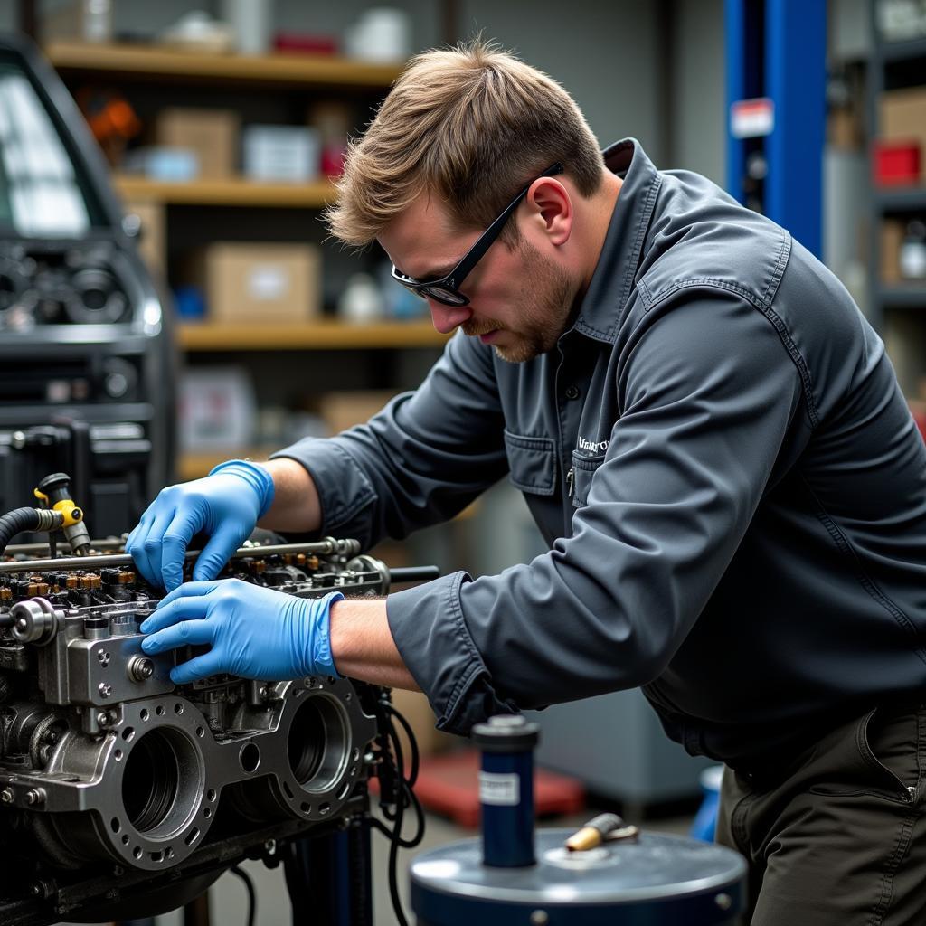 ASE Certified Engine Machinist Working on Engine Block