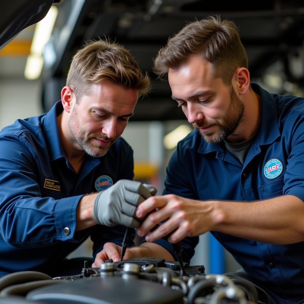 An experienced ASE certified mechanic mentoring an apprentice, emphasizing the importance of on-the-job learning and mentorship.