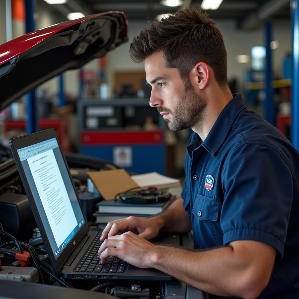 A mechanic studying online for ASE certification