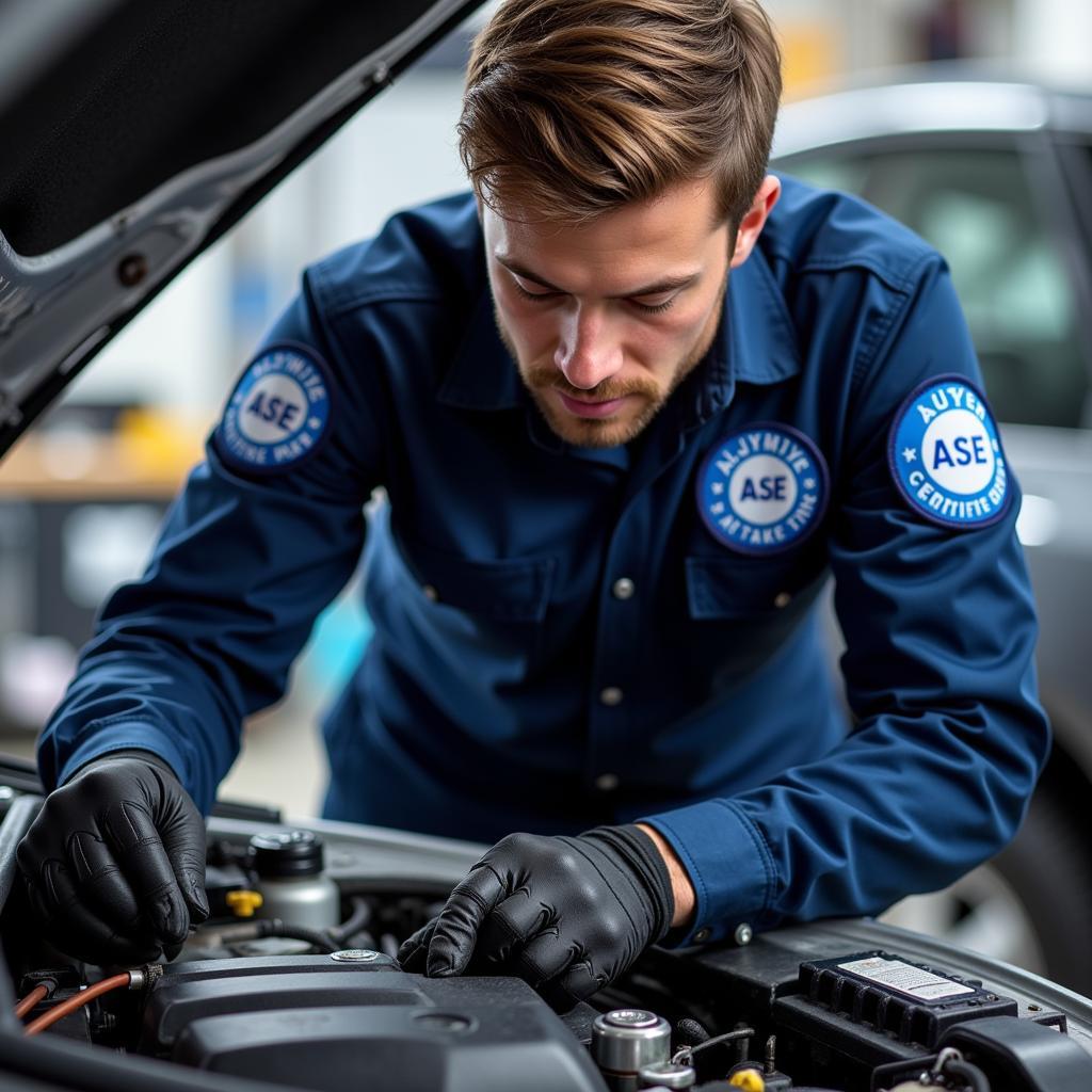 ASE Certified Mechanic Working on a Car