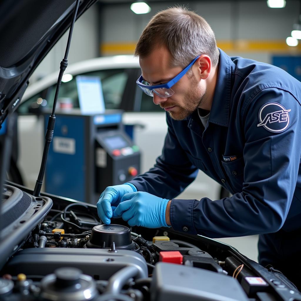 ASE Certified Mechanic Working on a Car