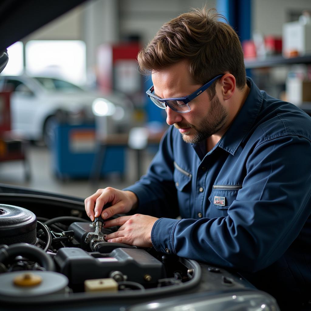 ASE certified mechanic working on a car engine in a modern repair shop.