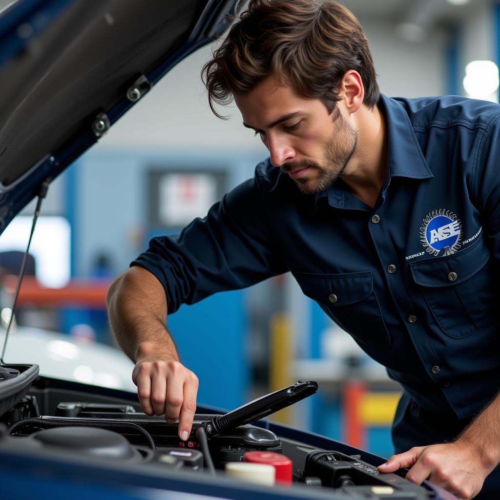 ASE Certified Mechanic Working on a Car