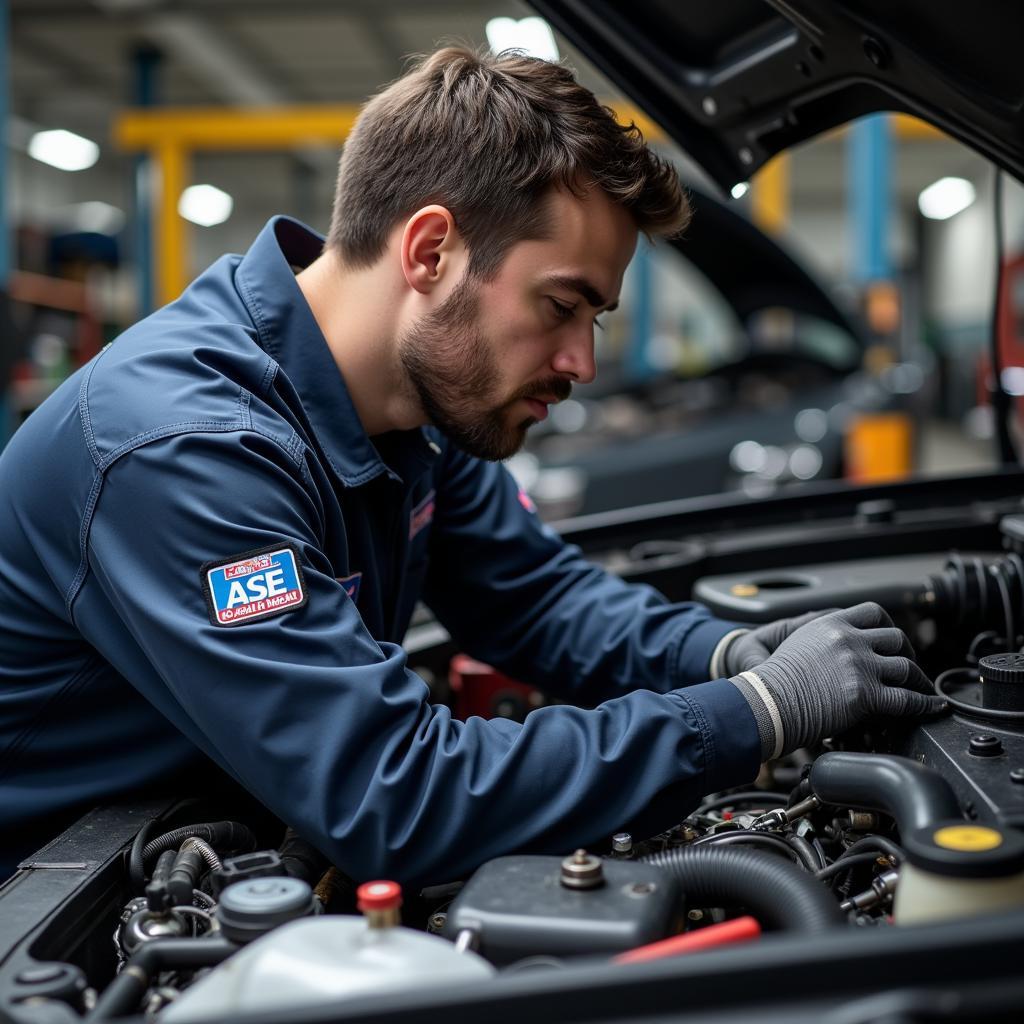 ASE Certified Mechanic Working on a Car Engine