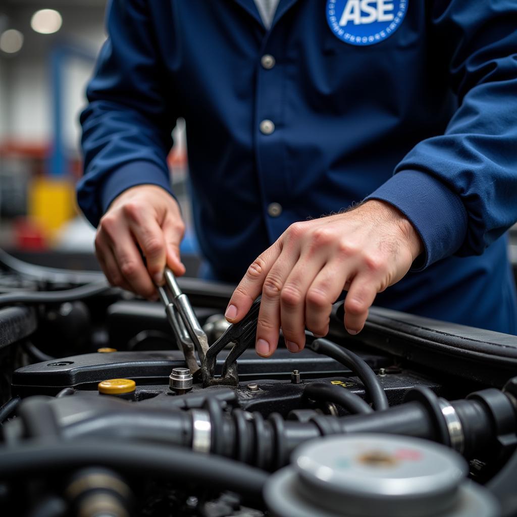 ASE Certified Mechanic Working on a Car Engine