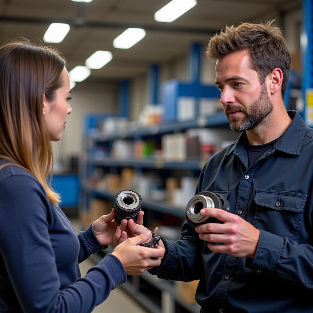 An ASE certified parts specialist patiently explains the differences between various parts to a customer, showcasing their commitment to customer service.