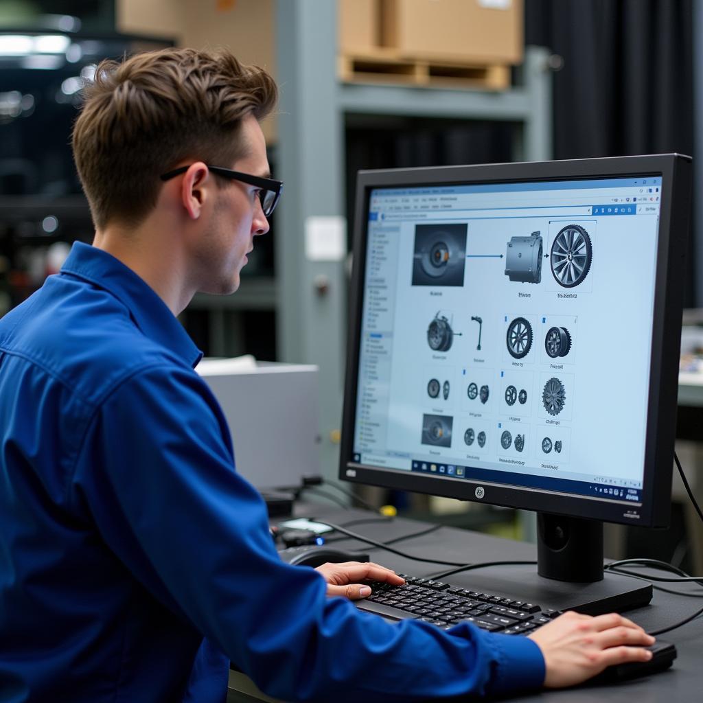 An ASE certified parts specialist expertly navigates a computer catalog to locate the correct part for a customer, highlighting their technical proficiency.