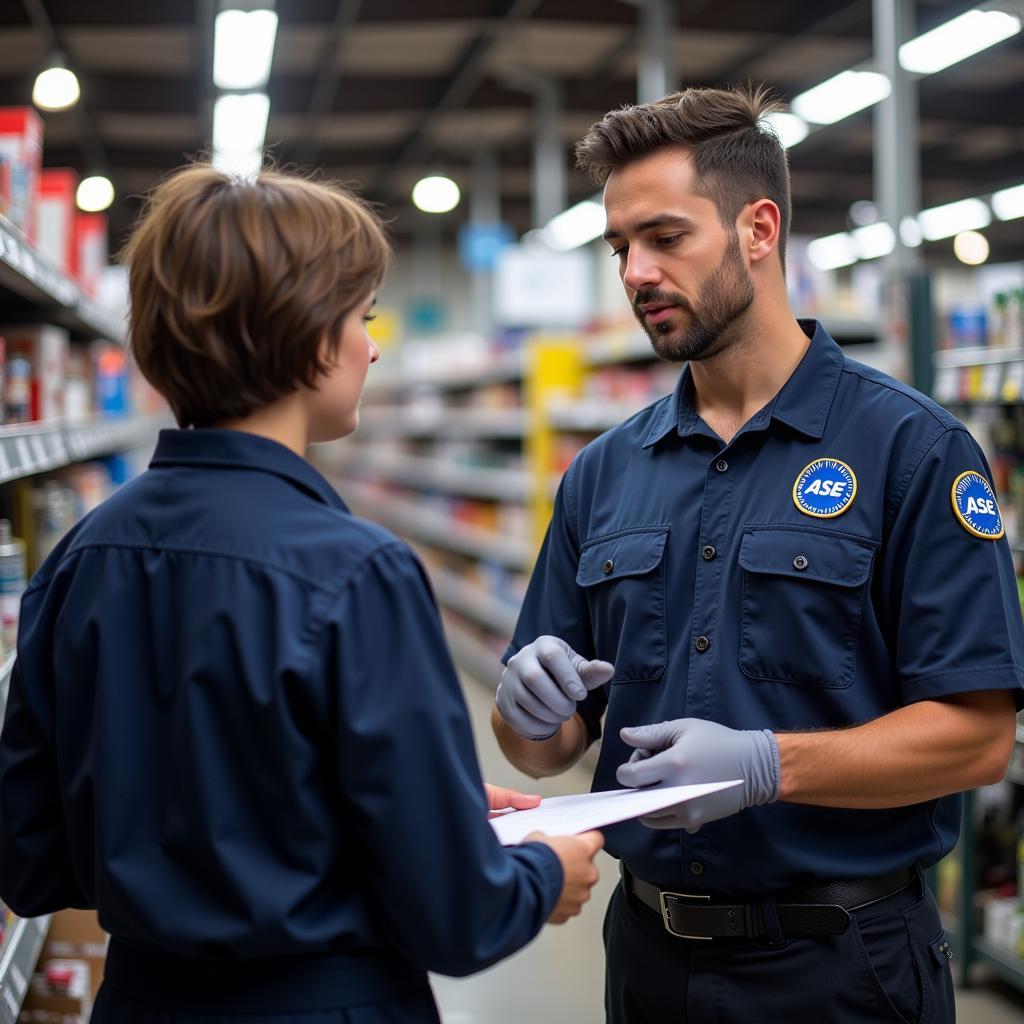 An ASE certified parts specialist assists a customer in a bustling auto parts store, showcasing their expertise and professionalism.