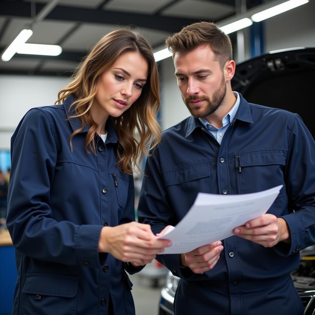 ASE Certified Service Consultant Discussing Car Maintenance with a Technician