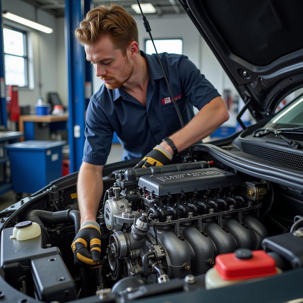 ASE Certified Technician Working on a Car Engine