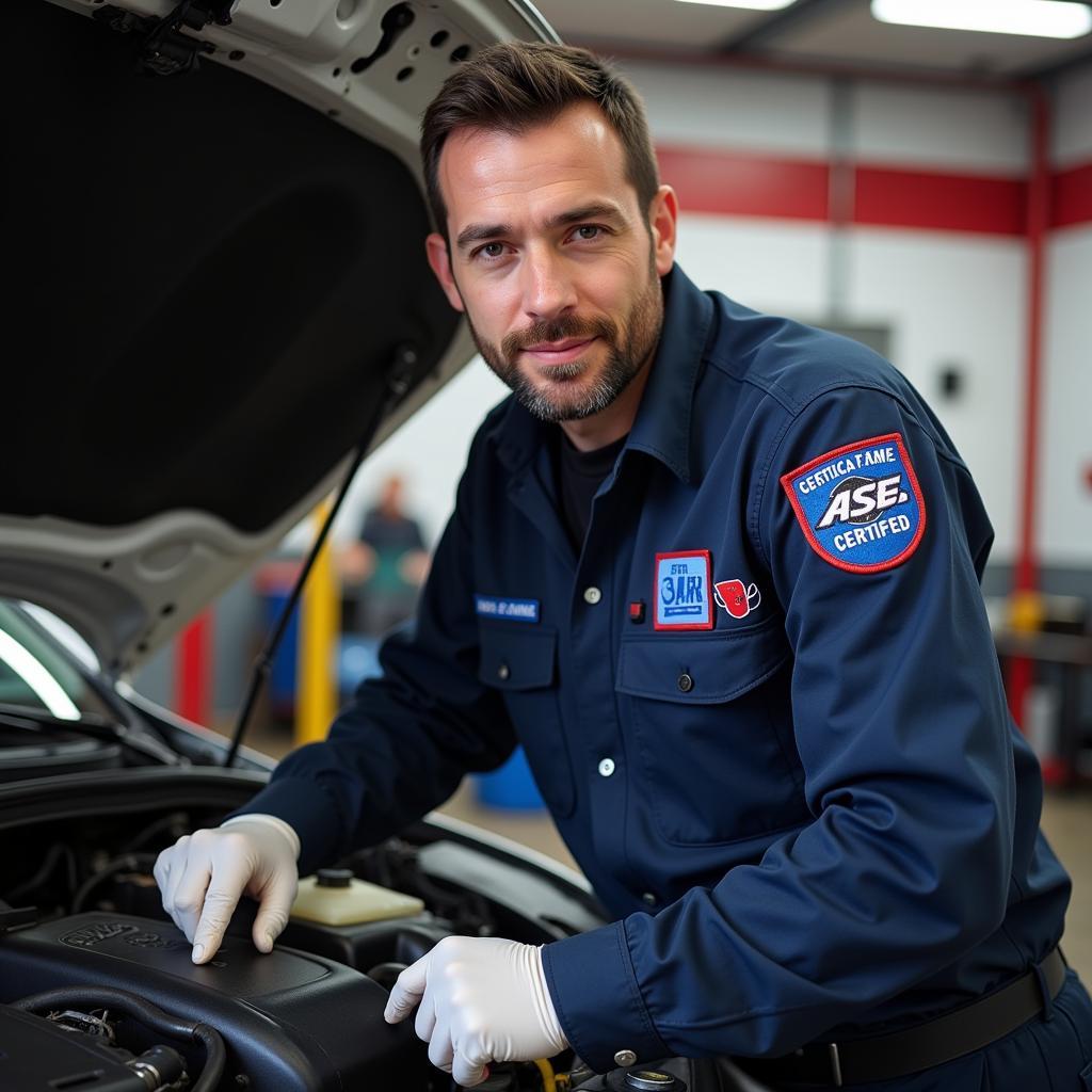 ASE Certified Technician Working on a Car