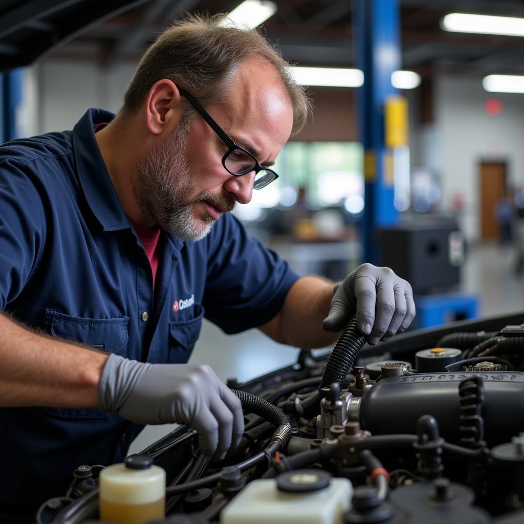 ASE Certified Technician in Tucson working on a car engine.