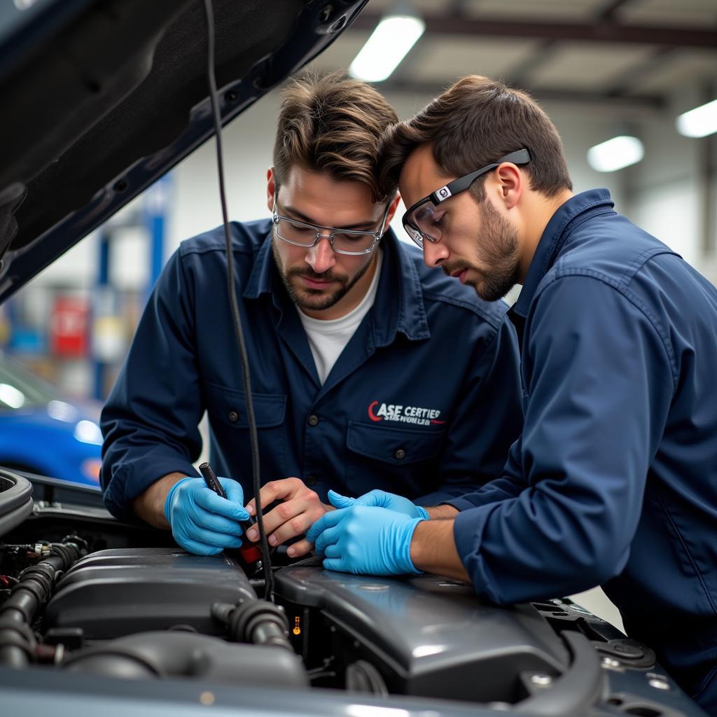 An ASE certified technician working on a car engine.