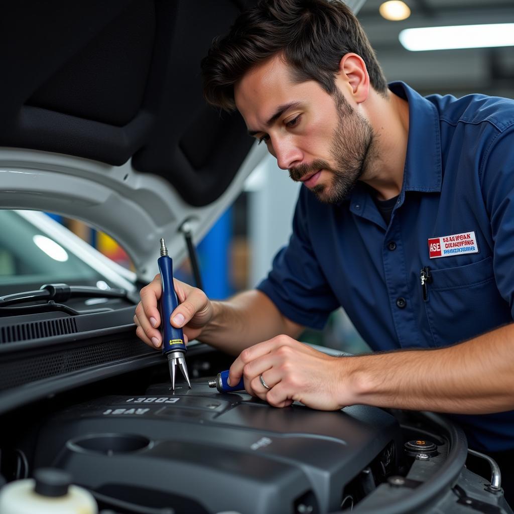 ASE Certified Technician Working on a Car