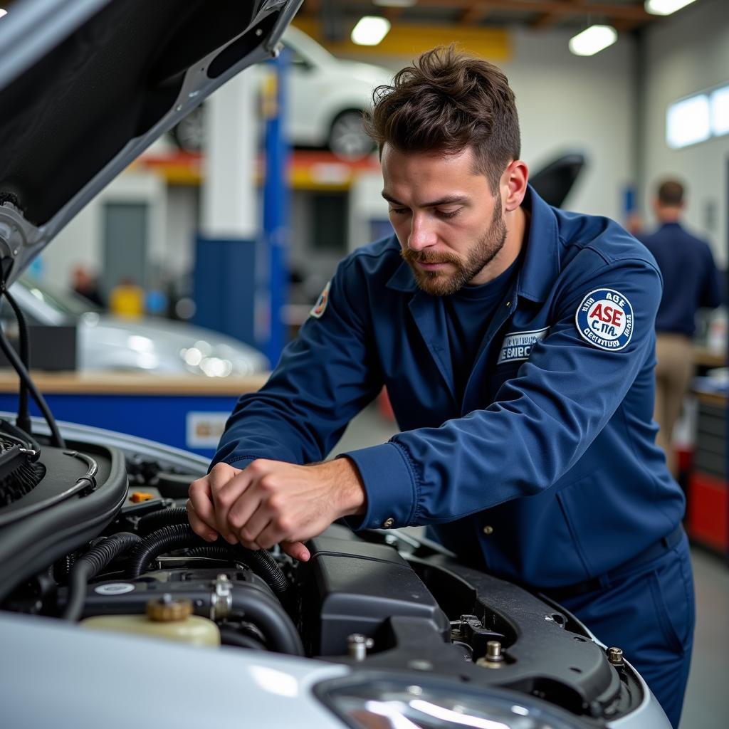 ASE Certified Technician Performing Vehicle Maintenance