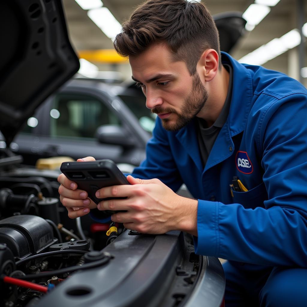 ASE Certified Technician Working on a Car