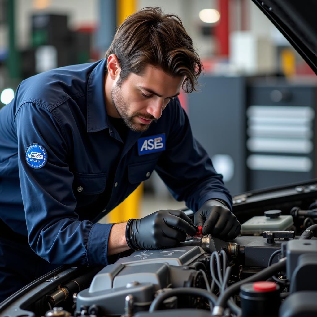 ASE Certified Technician Working on Car