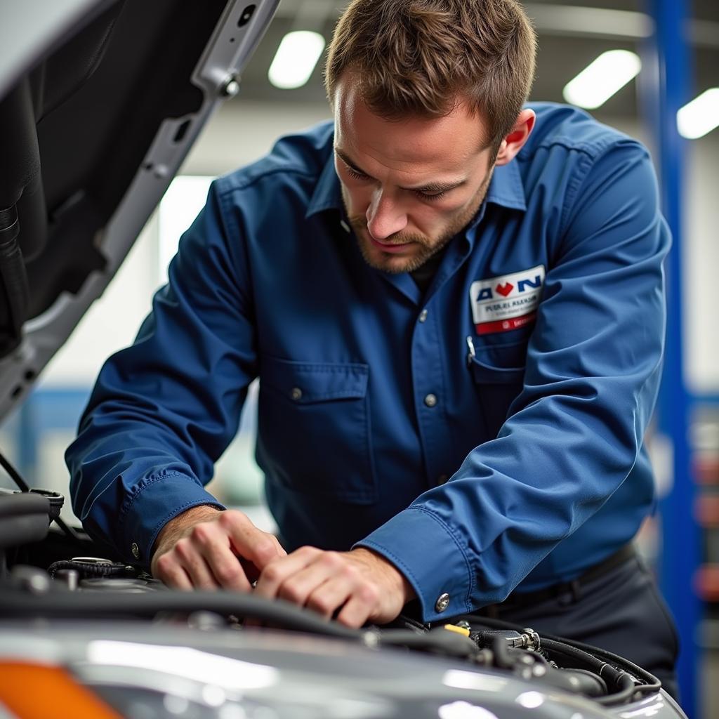 ASE-certified technician working on a car engine