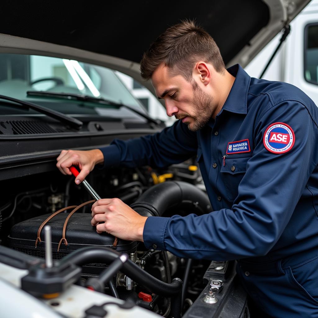 ASE H Series Certified Technician Working on a Heavy-Duty Truck