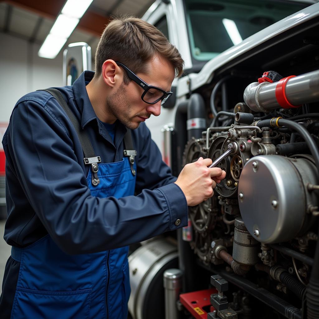 ASE Master Diesel Technician Working on a Truck Engine