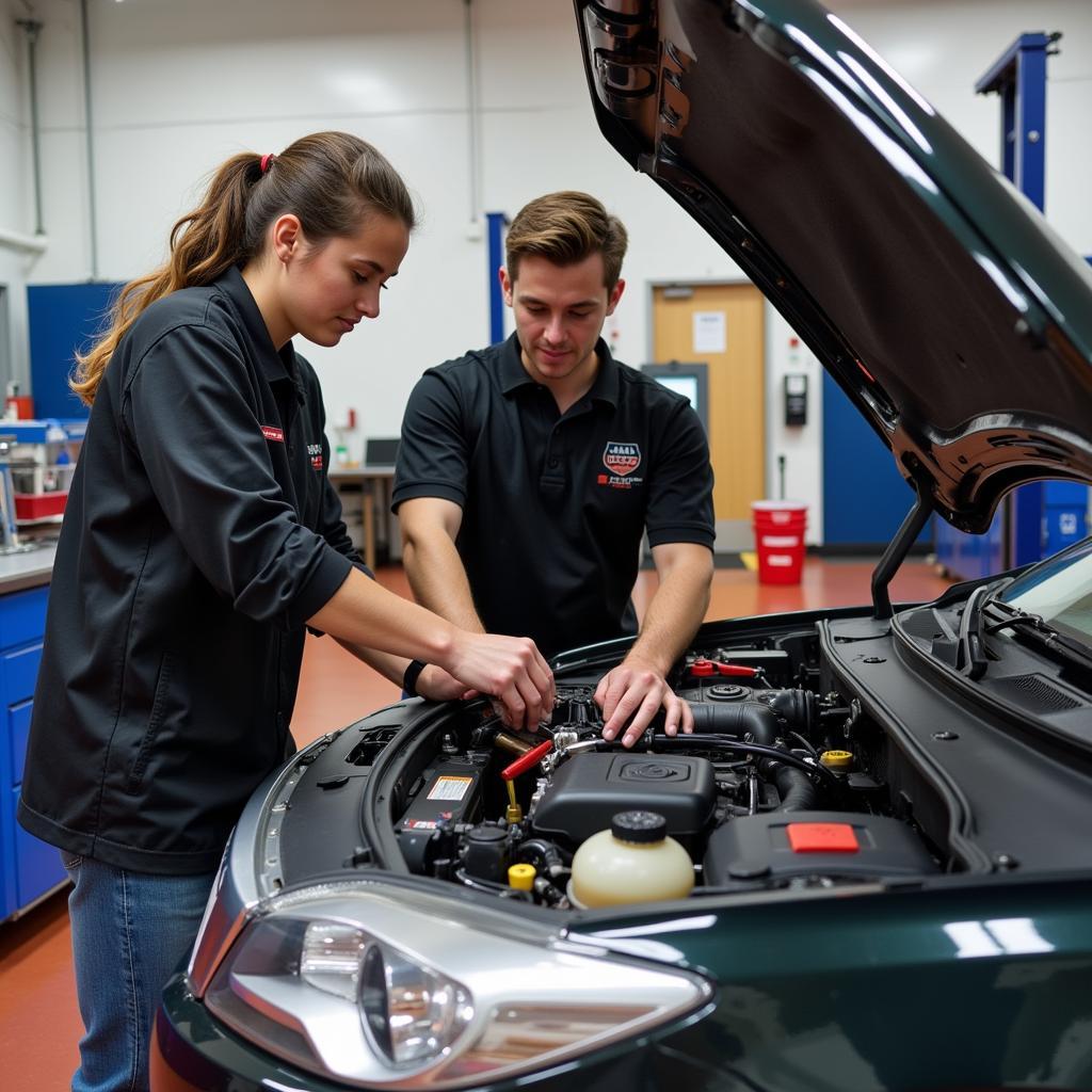 Students working on a car engine in an ASE NATEF certified automotive training program