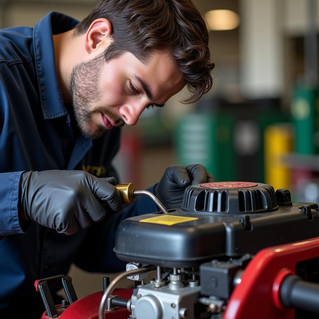 ASE Small Engine Repair Technician Working on a Lawnmower