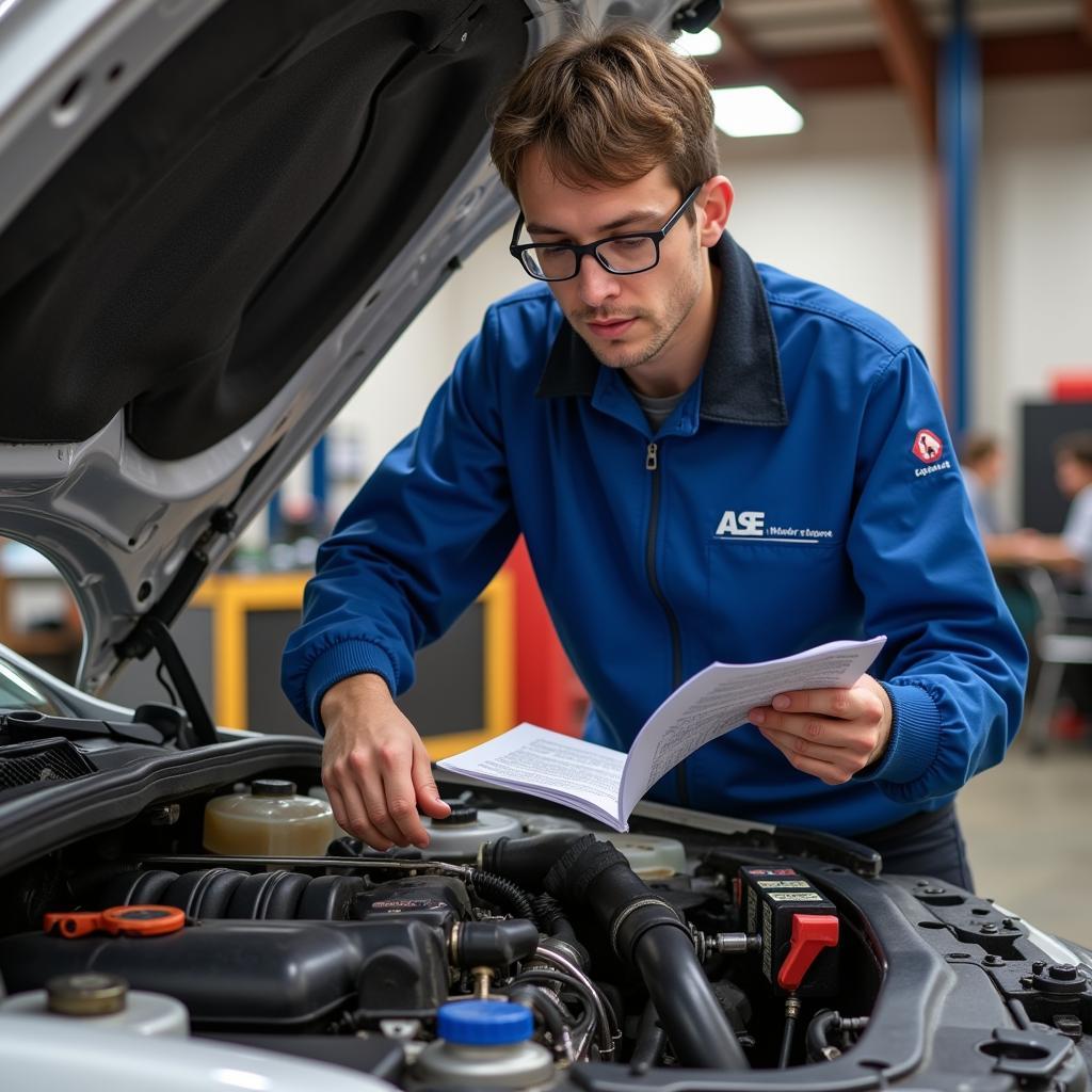 ASE Student Working on a Car Engine