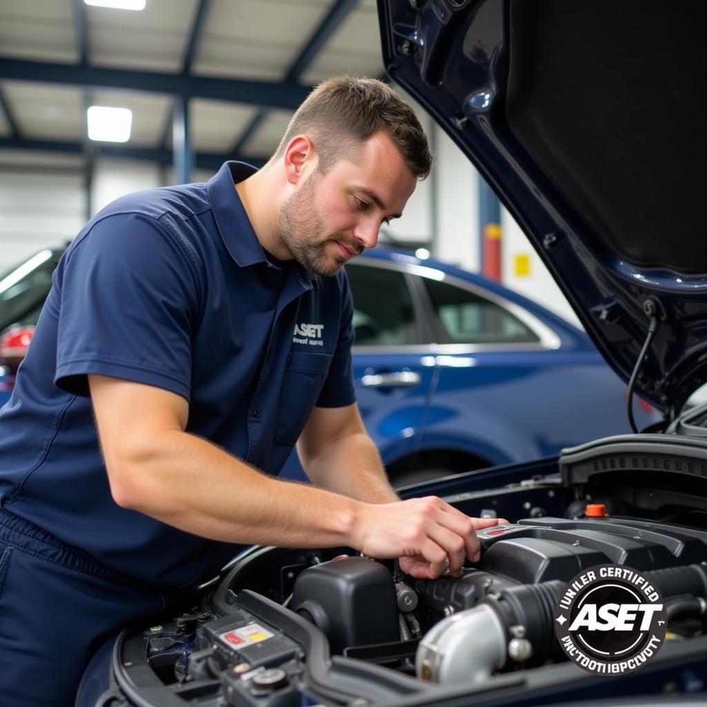 ASE T Certified Technician Working on a Vehicle