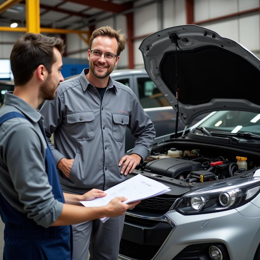 ASE technician explaining car repairs to a customer