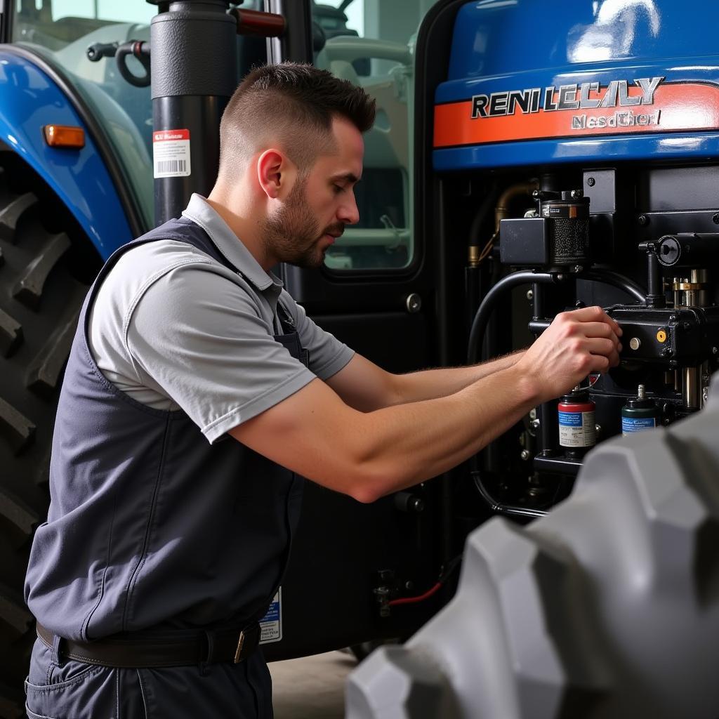 A mechanic performing routine maintenance on an ASE hydraulic tractor