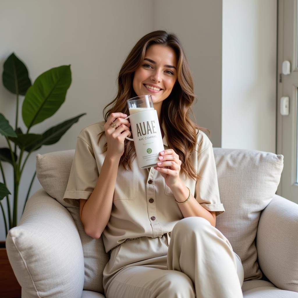 ASEA Autoship Convenience: A woman relaxing at home, enjoying her ASEA drink, knowing her next shipment is automatically on its way.