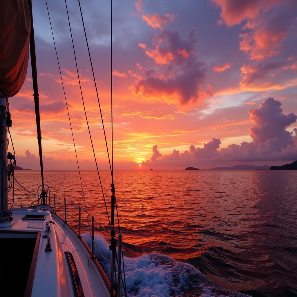 Sunset view from a sailing boat in Southeast Asia