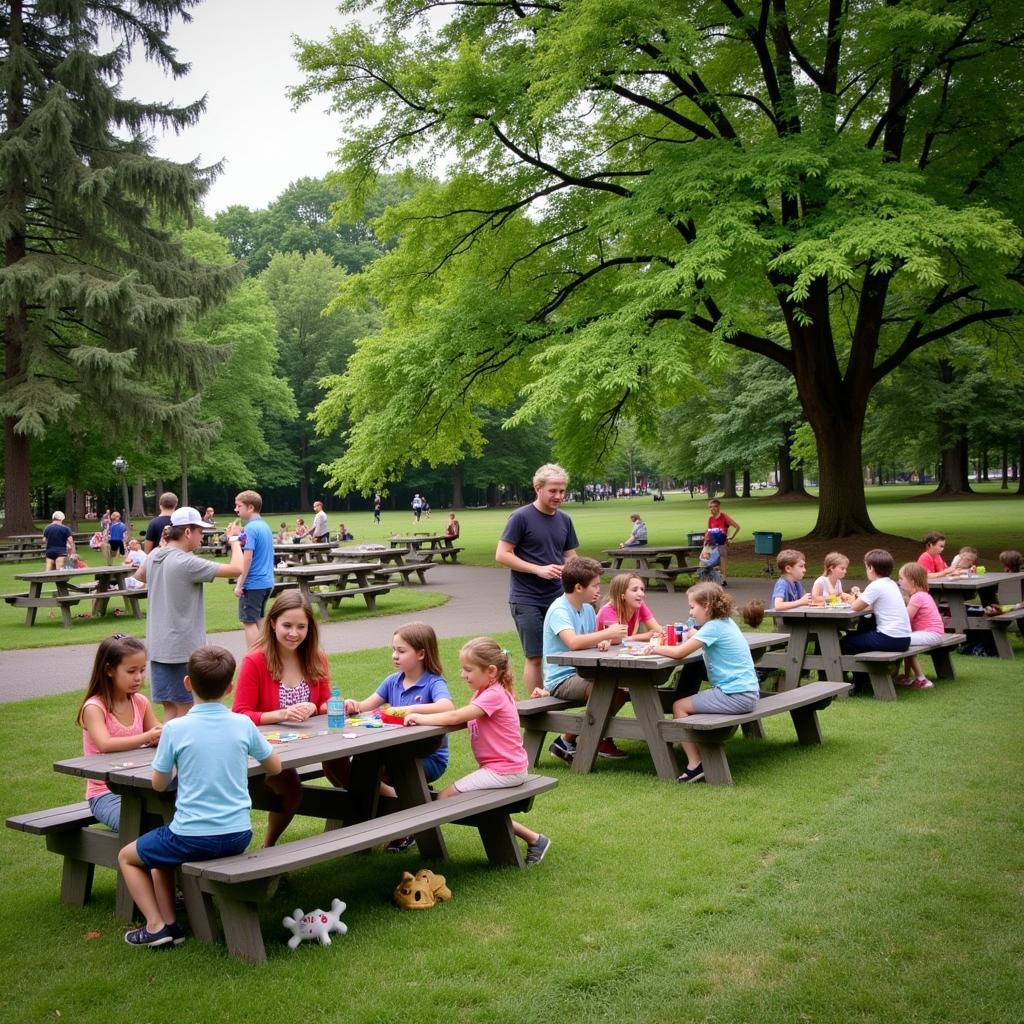 A casual community gathering with families and individuals enjoying food, games, and conversations, fostering a sense of belonging and connection.