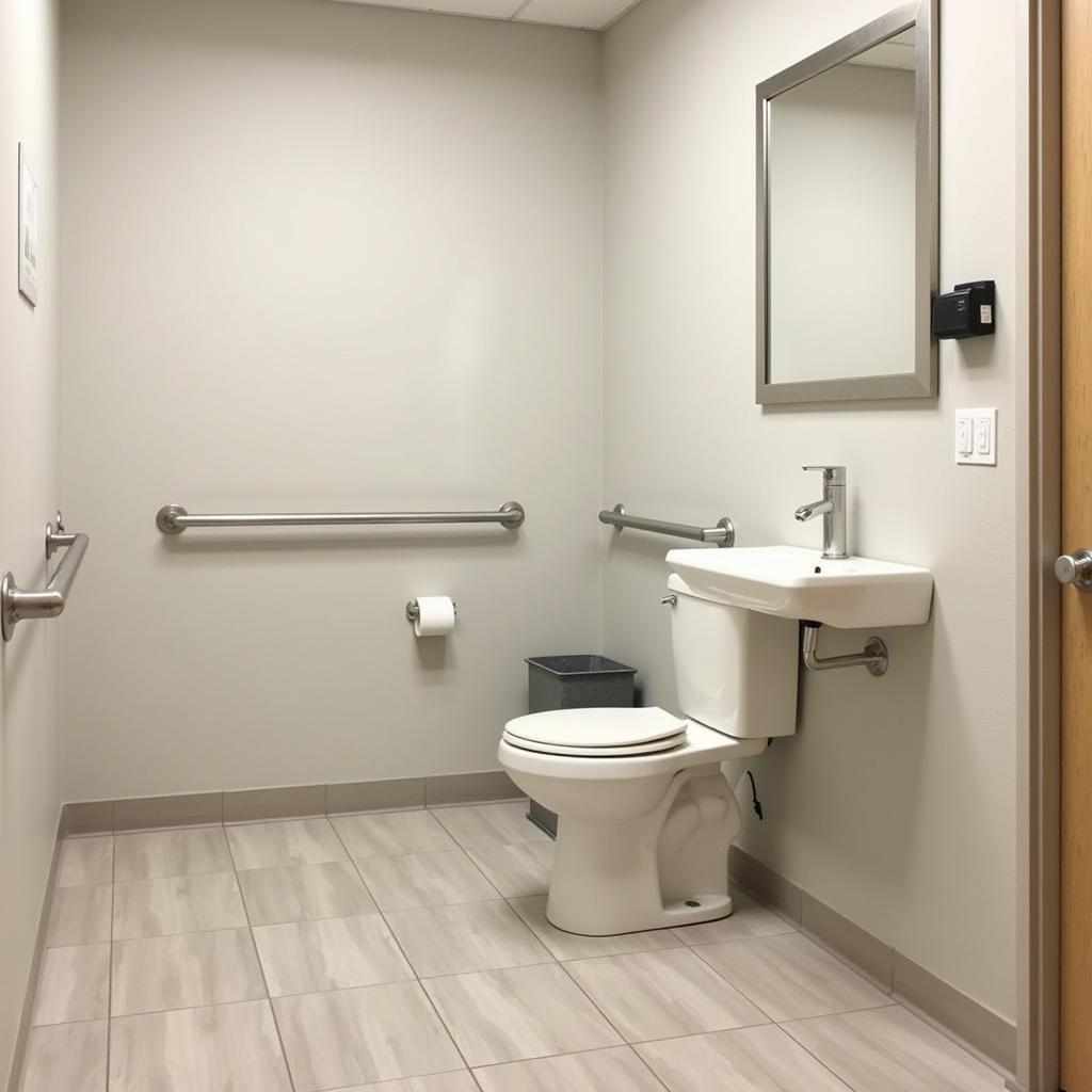 An accessible restroom featuring grab bars and a lowered sink.