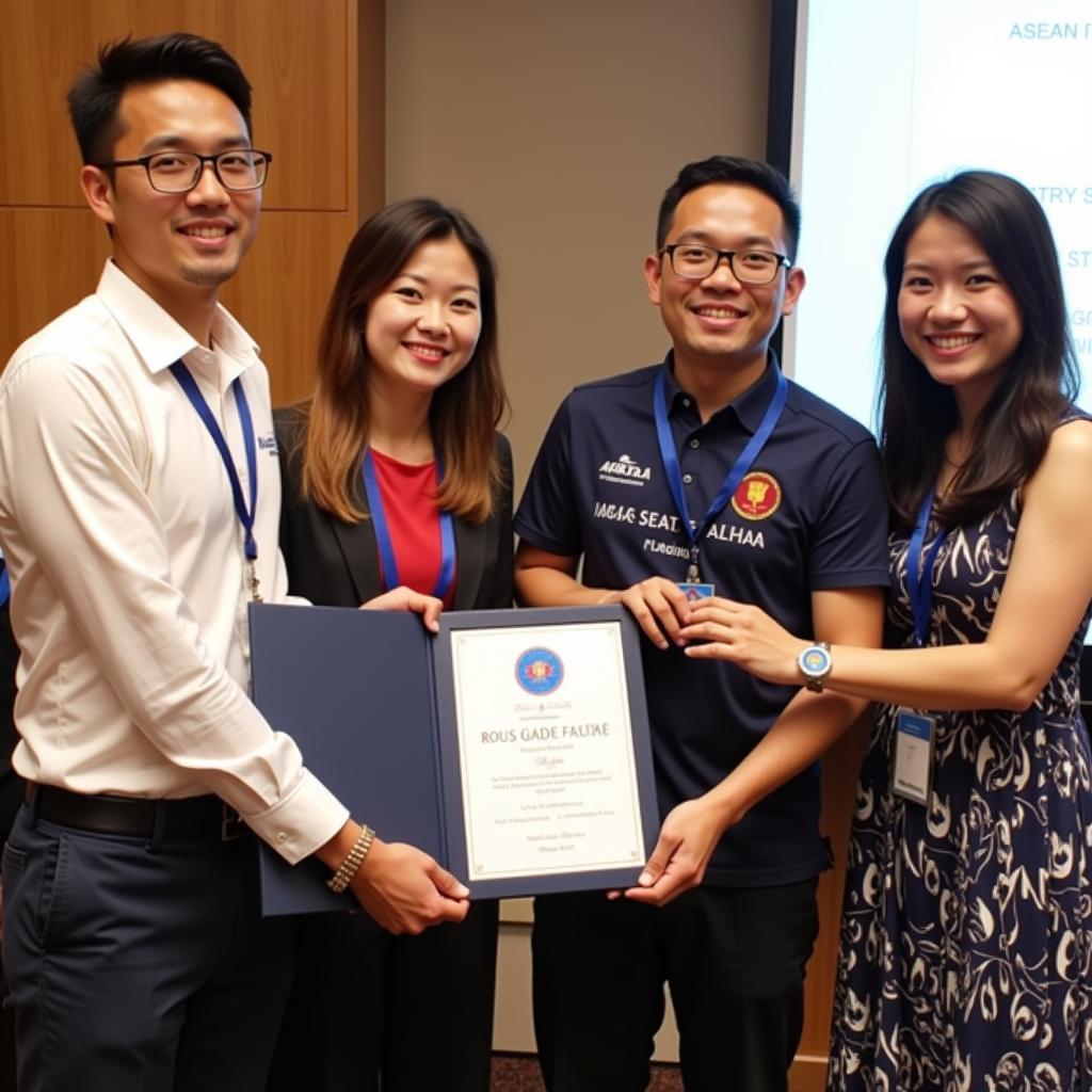 Representatives receiving the ASEAN Blue Seal Plaque during an award ceremony.