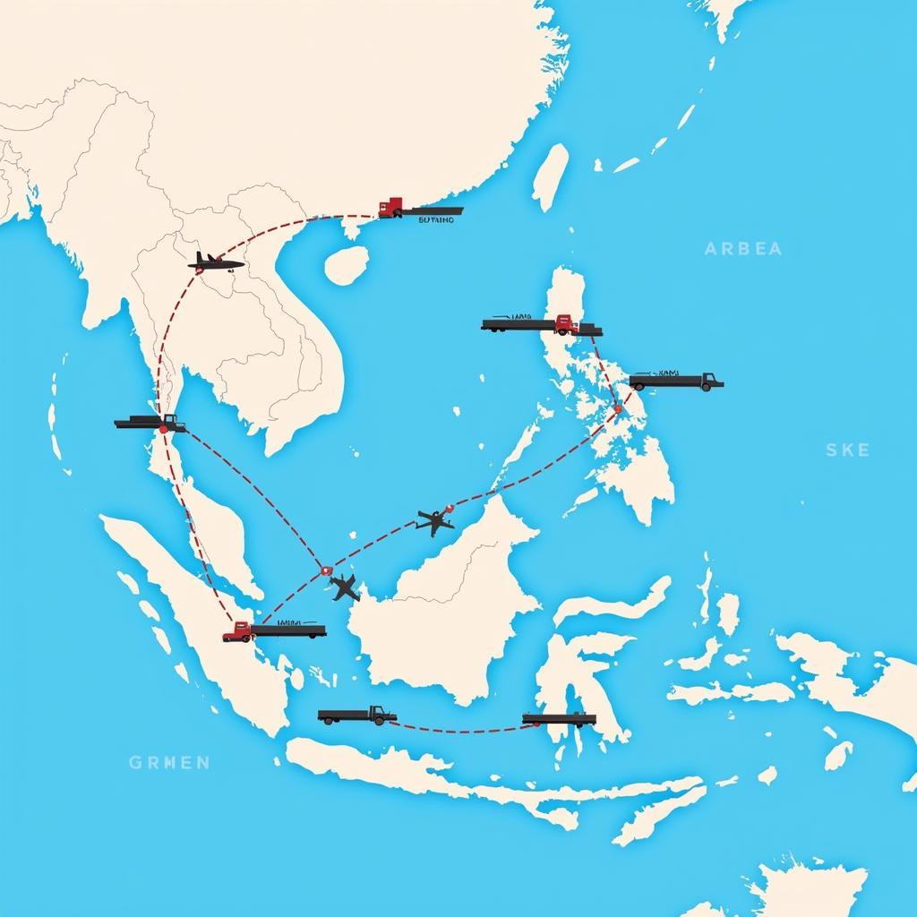 ASEAN Bulk Logistics Challenges: A map of Southeast Asia highlighting the various transportation routes – land, sea, and air – with icons representing trucks, ships, and planes, illustrating the complexities of logistics in the region.