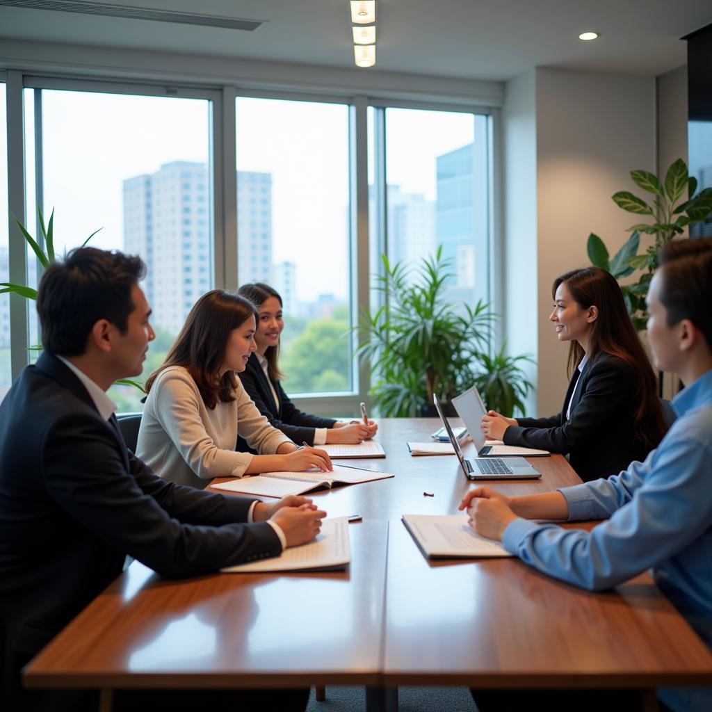 ASEAN Business Meeting in English: Professionals collaborating on a project.