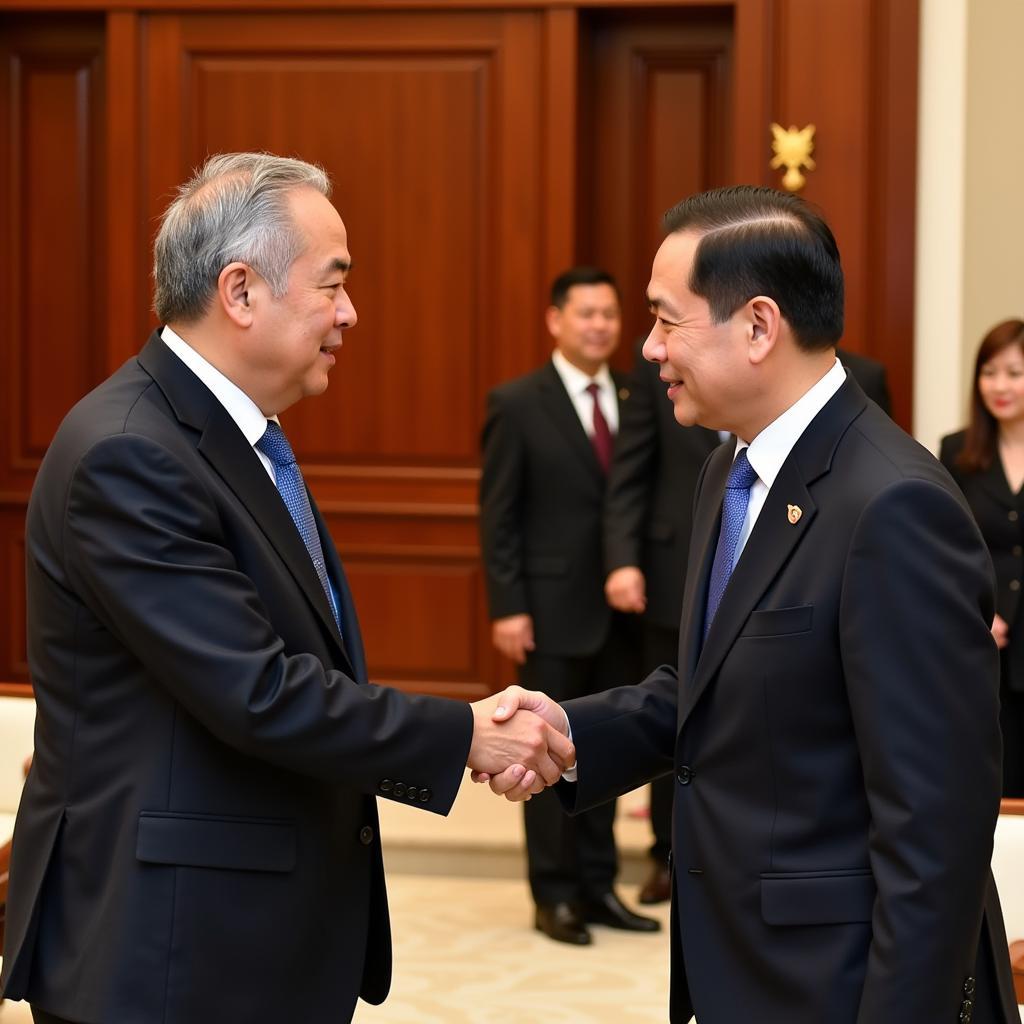 A photograph of ASEAN leaders meeting and shaking hands, symbolizing regional cooperation and diplomacy.