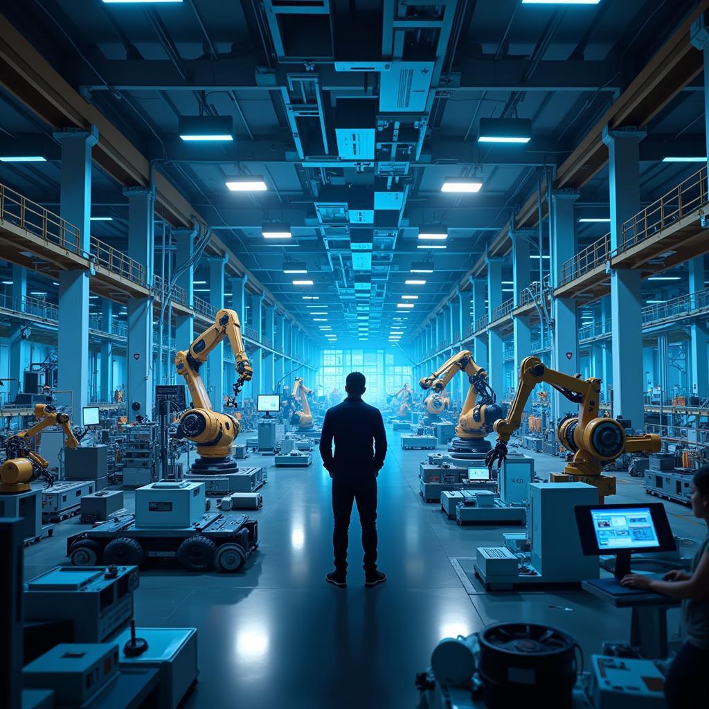 An illustration depicting futuristic technologies in an ASEAN factory, highlighting automation and innovation.