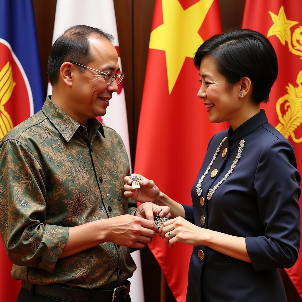 ASEAN lapel pin exchange during a diplomatic meeting