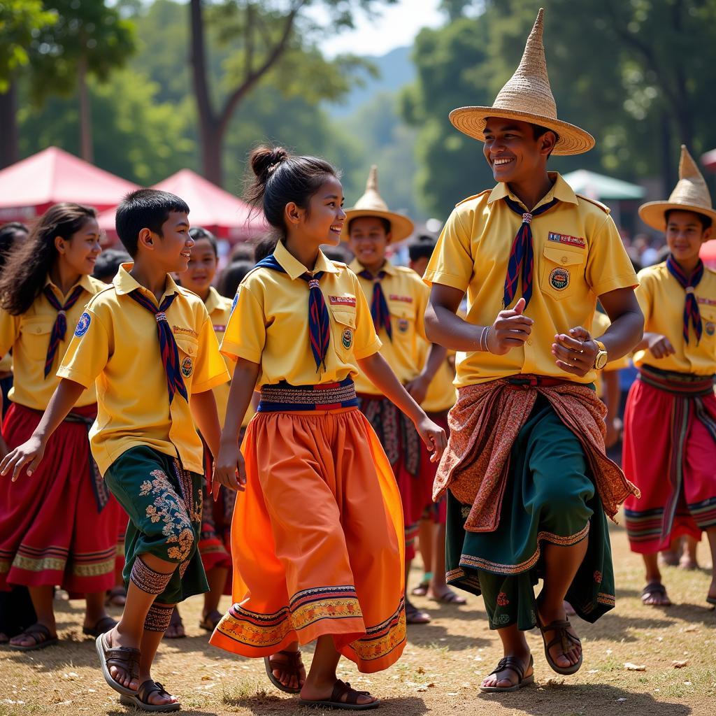 ASEAN Scout Jamboree: Scouts from different ASEAN countries participate in a cultural exchange activity, showcasing traditional dances and attire.