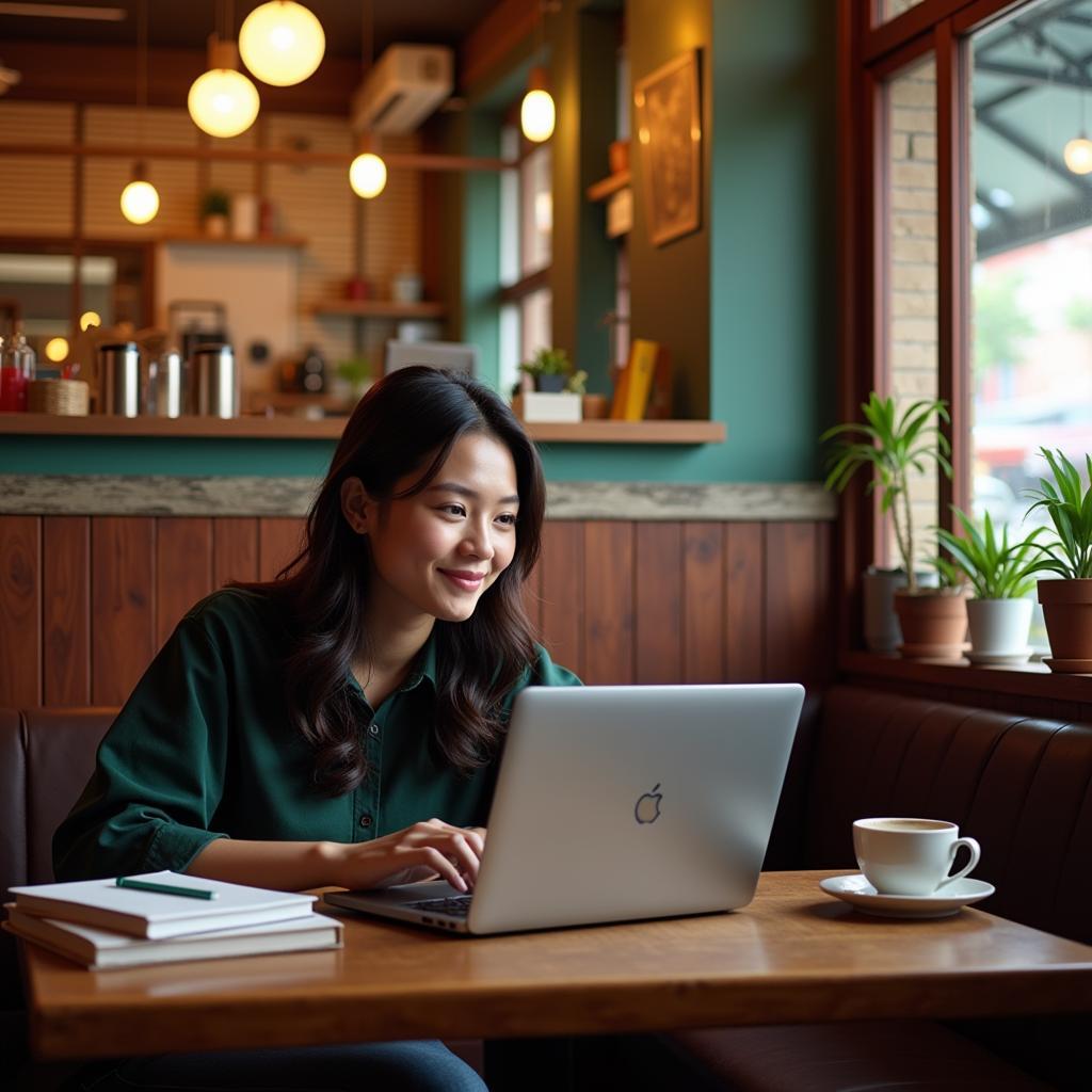 A Southeast Asian student diligently working on their laptop in a bustling cafe, showcasing the importance of a reliable device for education and remote work.