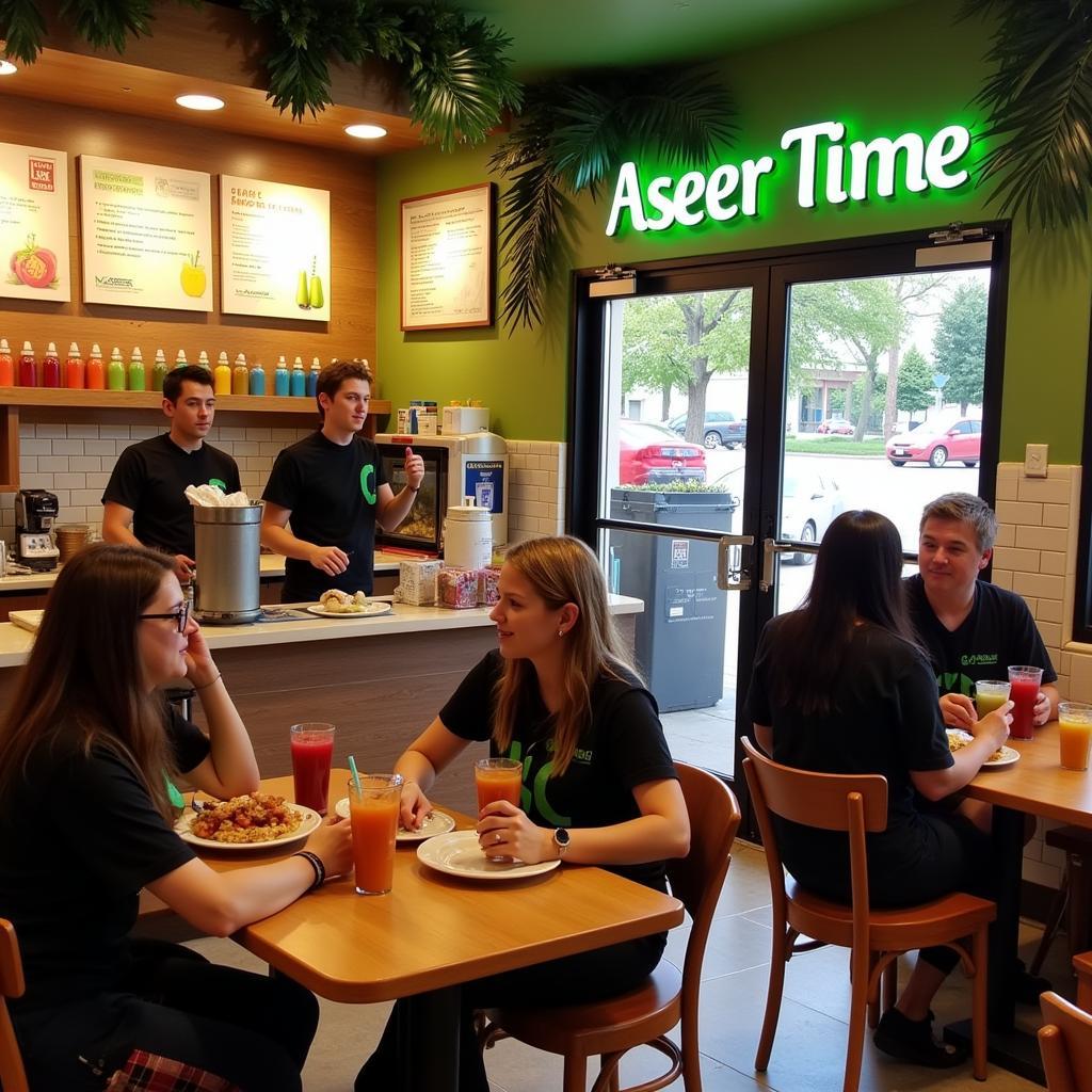 A vibrant Aseer Time juice bar, bustling with customers enjoying colorful beverages.