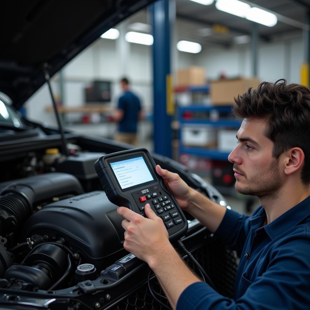 Automotive Technician Using Diagnostic Tool