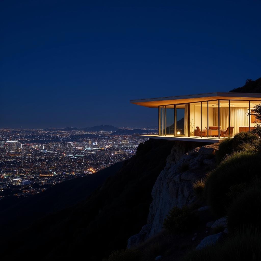 The Stahl House showcasing its iconic glass walls and cantilevered structure overlooking the Los Angeles cityscape.