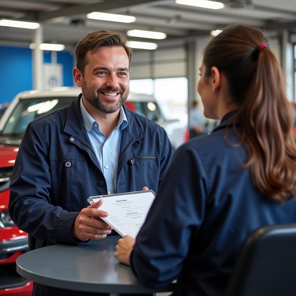 Customer Discussing Car Repair Options with an Auto Body Shop Representative