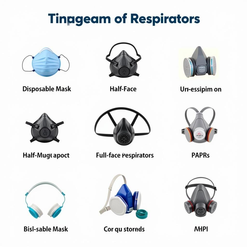 Various types of respirators displayed, ranging from simple masks to PAPRs