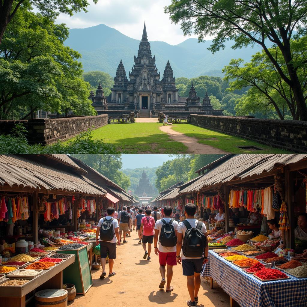 Tourists exploring ancient ruins and vibrant local markets in Southeast Asia.