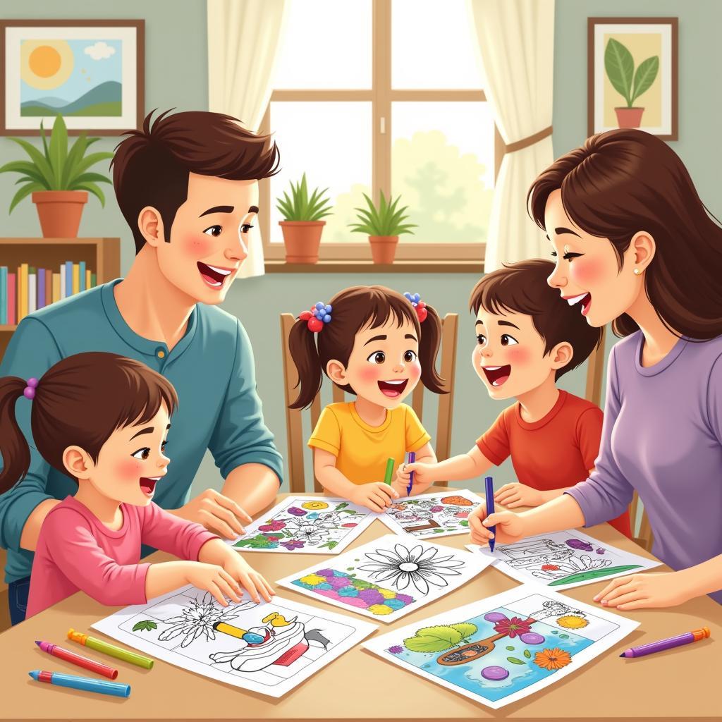 Family members coloring cleaning-themed pages together.