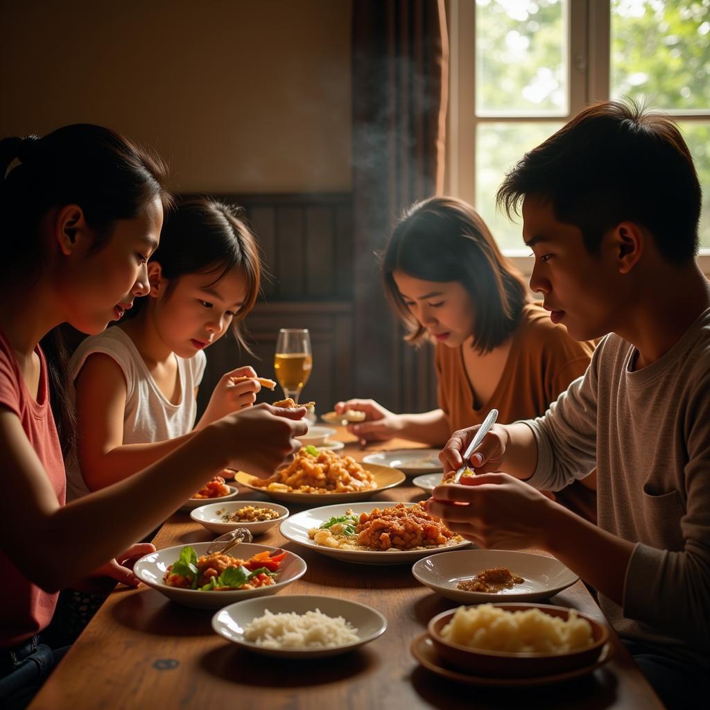 A family enjoying a meal together in a Southeast Asian setting